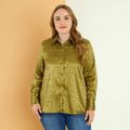 Women Plus Size Elegant  Jacquard Lapel Collar Button Design Shirt Dark Green