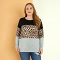 Women Plus Size Casual Leopard Print Colorblock Long-sleeve Tee Black