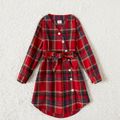 Family Matching Red Plaid Cross Wrap V Neck Long-sleeve Belted Dresses and Shirts Sets Red image 5