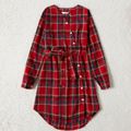 Family Matching Red Plaid Cross Wrap V Neck Long-sleeve Belted Dresses and Shirts Sets Red image 2
