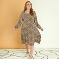 Women Plus Size Elegant Allover Print Square Neck Slit Long-sleeve Dress Brown