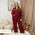2-piece Women Plus Size Casual Christmas Plaid Button Design Long-sleeve Top and Pants Pajamas Lounge Set Red