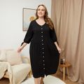 Women Plus Size Casual Button Design Round-collar Tie Sleeve Black Dress Black