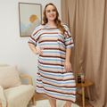 Women Plus Size Casual Round-collar Stripe Long-sleeve Lounge Dress Multi-color