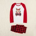 Christmas Cartoon Reindeer and Letter Print Red Family Matching Raglan Long-sleeve Plaid Pajamas Sets (Flame Resistant) Red/White