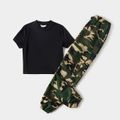 Black Short-sleeve Crop Top T-shirts and Camouflage Pants Sets for Mom and Me Black