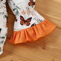 2pcs Baby Girl All Over Butterfly Print Off Shoulder Ruffle Bell Sleeve Bowknot Romper Set Color block