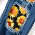 2-piece Kid Girl Floral Print Pullover Sweatshirt and Patchwork Ripped Denim Jeans Set Yellow