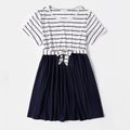 Striped Short-sleeve Splicing Self Tie Dress for Mom and Me White