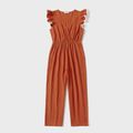100% Cotton Solid Cross Wrap V Neck Sleeveless Ruffle Jumpsuit for Mom and Me Brick red