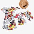 Newspaper Print Casual Short-sleeve Belted T-shirt Dress for Mom and Me Multi-color