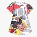 Newspaper Print Casual Short-sleeve Belted T-shirt Dress for Mom and Me Multi-color