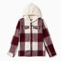 Family Matching Fleece Hooded Splicing Red Plaid Long-sleeve Outwear Tops Red/White image 2