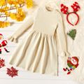 Kid Girl Ribbed Knit Long Bell sleeves Solid Dress Beige