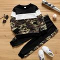 2-piece Kid Boy Camouflage Print Colorblock Sweatshirt and Pants Set Black image 1