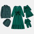 Family Matching Green Long-sleeve Midi Dresses and Plaid Shirts Sets Dark Green