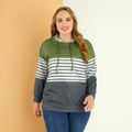 Women Plus Size Casual Striped Colorblock Drawstring Hoodie Sweatshirt Color block