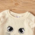 Kid Girl Cat Embroidered Ear Design Fuzzy Sweatshirt Beige image 3