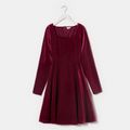 Solid Wine Red Square Neck Long-sleeve Velvet Mini Dress for Mom and Me Burgundy