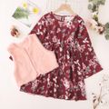 2-piece Kid Girl Floral Print Long-sleeve Dress and Fuzzy Pink Vest Set Pink