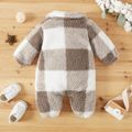 Khaki Plaid Fluffy Fleece Baby Lapel Long-sleeve Jumpsuit Khaki