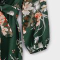 Family Matching All Over Floral Print Green V Neck Belted Long-sleeve Midi Dresses and Striped Lapel T-shirts Sets Dark Green