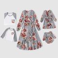 Family Matching Allover Floral Print Long-sleeve Wrap Belted Dresses and Color Block T-shirts Sets Grey
