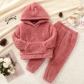 2-piece Toddler Girl Fuzzy Hoodie Sweatshirt and Pants Set Coral