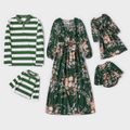 Family Matching All Over Floral Print Green V Neck Belted Long-sleeve Midi Dresses and Striped Lapel T-shirts Sets Dark Green