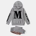 Letter Print Grey Long-sleeve Hoodies and Leopard Splicing Pants Sets for Mom and Me Grey