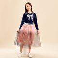 2-piece Kid Girl Striped Bowknot Embroidery Sailor Collar Pattern Long-sleeve Top and Letter Print Star Glitter Tulle Skirt Set Royal Blue