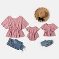 Pink V Neck Wrap Front Short-sleeve Ruffle Tops for Mom and Me Dark Pink