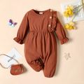 Baby Girl Brown/White Butterfly Print Long-sleeve Ruffle Jumpsuit Brown image 1