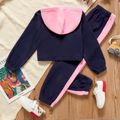 2-piece Kid Girl Colorblock Fuzzy  Hoodie Sweatshirt and Pants Set Dark Blue