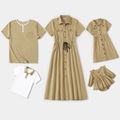 Solid Khaki Short-sleeve Family Matching Sets（Lapel Front Button Shirt Dresses and T-shirts） Khaki