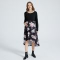 Floral Print Splice Asymmetrical Hem Round-collar Long-sleeve Midi Dress Black