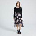 Floral Print Splice Asymmetrical Hem Round-collar Long-sleeve Midi Dress Black