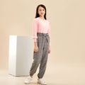 2-piece Kid Girl Round-collar Solid Long-sleeve Top and Plaid Pants with Belt Set Pink
