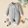 Solid Ribbed Lapel Bow Tie Lapel Long-sleeve Baby Cotton Jumpsuit Grey