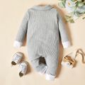 Solid Ribbed Lapel Bow Tie Lapel Long-sleeve Baby Cotton Jumpsuit Grey