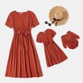 Solid Cross Wrap V Neck Belted Short-sleeve Midi Dress for Mom and Me Brick red