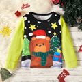 Kid Boy Christmas Tree Bear Star Print Colorblock Pullover Sweatshirt Black