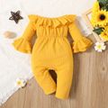 Baby Girl Solid Ribbed Off Shoulder Ruffle Bell Sleeve Jumpsuit Ginger image 1
