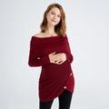 Maternity Burgundy Color Side Button Long-sleeve Fashionable T-shirt Burgundy
