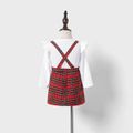 Two-Piece Long-sleeve T-shirt with Red Plaid Spaghetti Strap Dress for Mom and Me Red/White