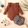 2pcs Baby Girl Ribbed Long-sleeve Ruffle Romper and All Over Leopard Shorts Set Brown
