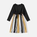 Black Long-sleeve Splicing Striped Midi Dress for Mom and Me Color block
