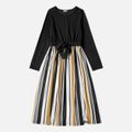 Black Long-sleeve Splicing Striped Midi Dress for Mom and Me Color block