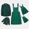 Family Matching Green Sleeveless Corduroy Overall Dresses and Long-sleeve Plaid Shirts Sets Green
