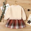 2-piece Toddler Girl Bowknot Design Sweatshirt and Plaid Skirt Set Apricot image 2